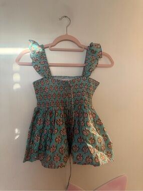 Smocked Floral-Print Ruffle Strap Top - Teal